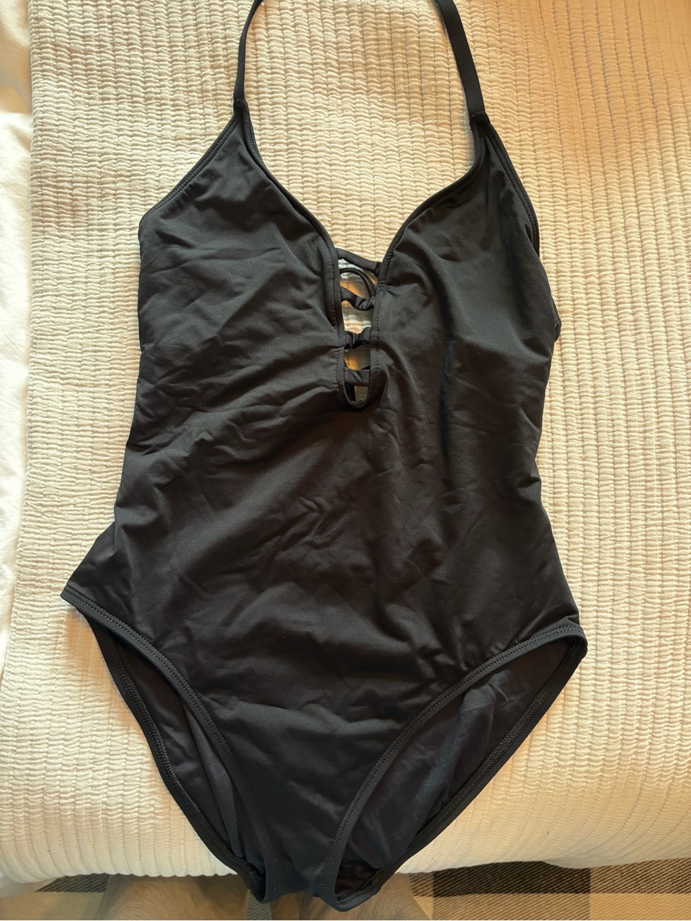 La Blanca Lace-Up Front One Piece Swimsuit Black Halter Size S